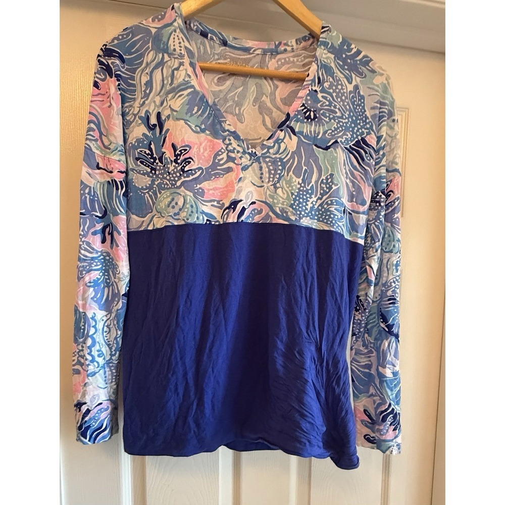 Lilly Pulitzer Top Women XS Blue Floral Colorblock V-Neck Long Sleeve Casual